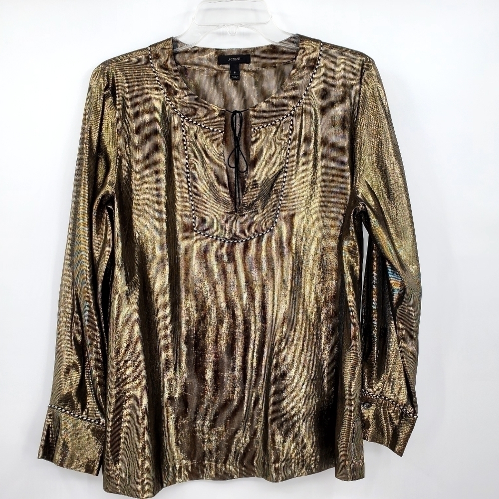 J.Crew Metallic Gold Silk Mix Long Sleeve Pullover Blouse